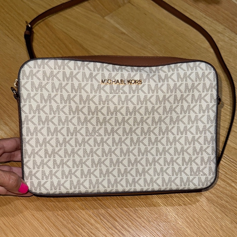 Michael Kors White and Brown Crossbody Bag with Signature Monogram